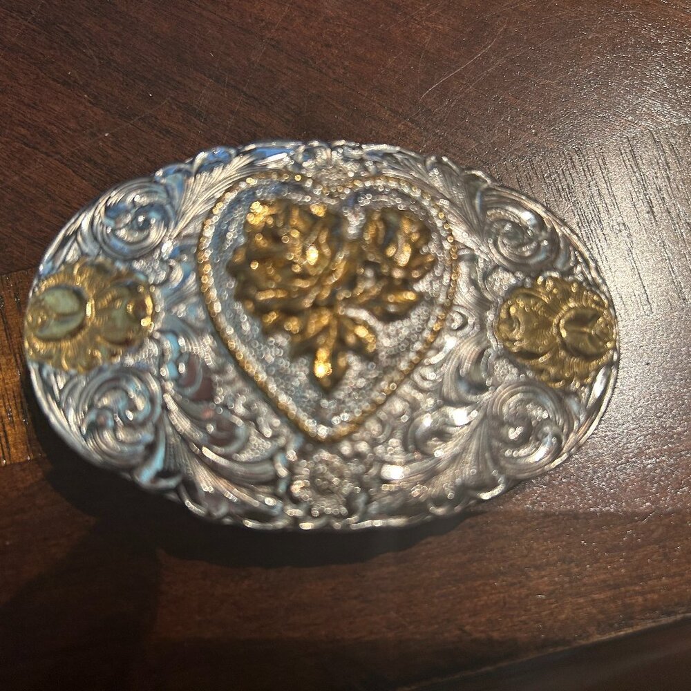 Crumrine silver and gold silverplate Western belt buckle